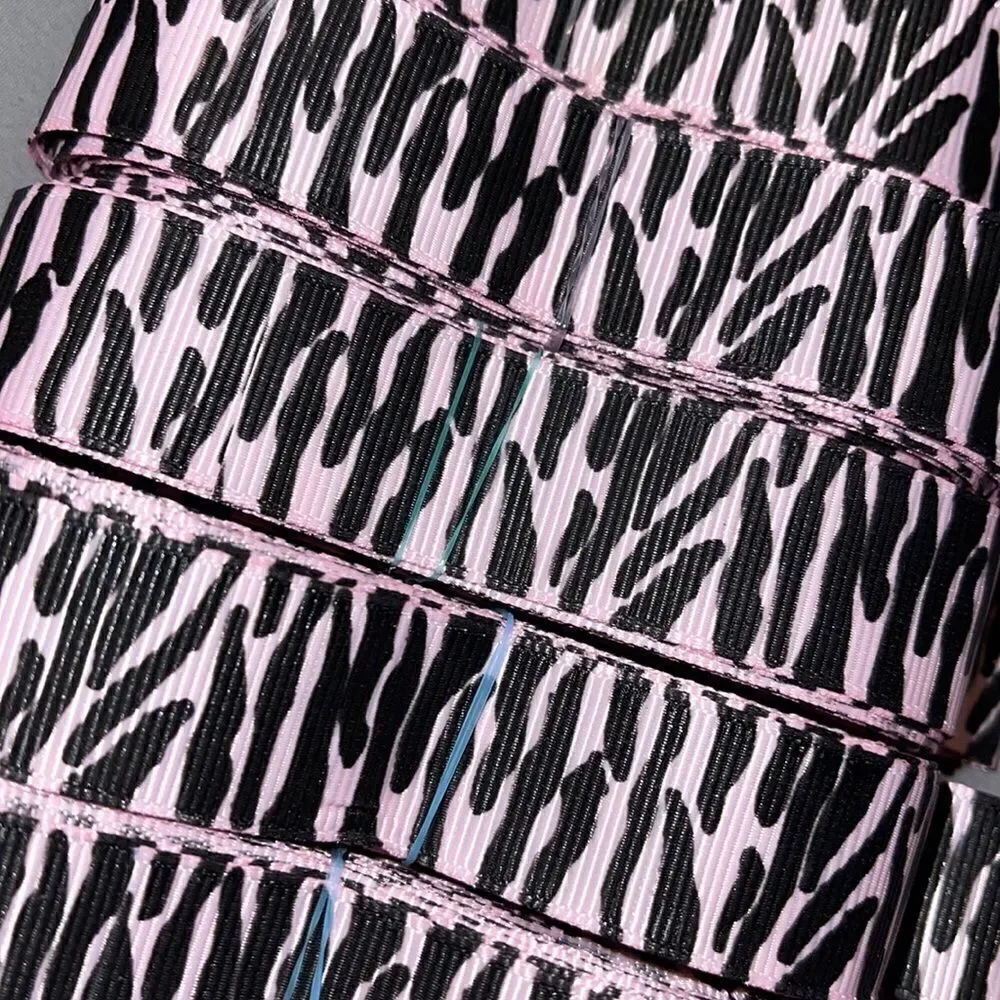Grosgrain printed Ribbon 7/8” NEW 5 yards light baby pink black zebra stripe